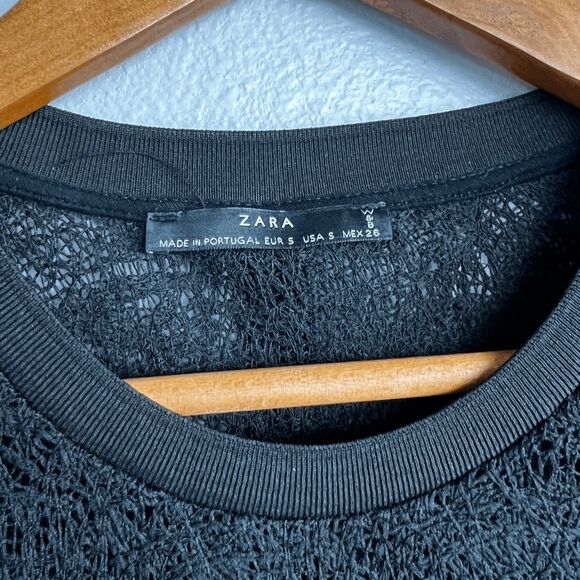 Zara Blouse Half Sleeves Crochet Overlay Crew Neck Unlined Pullover Black Blouse - Picture 4 of 6